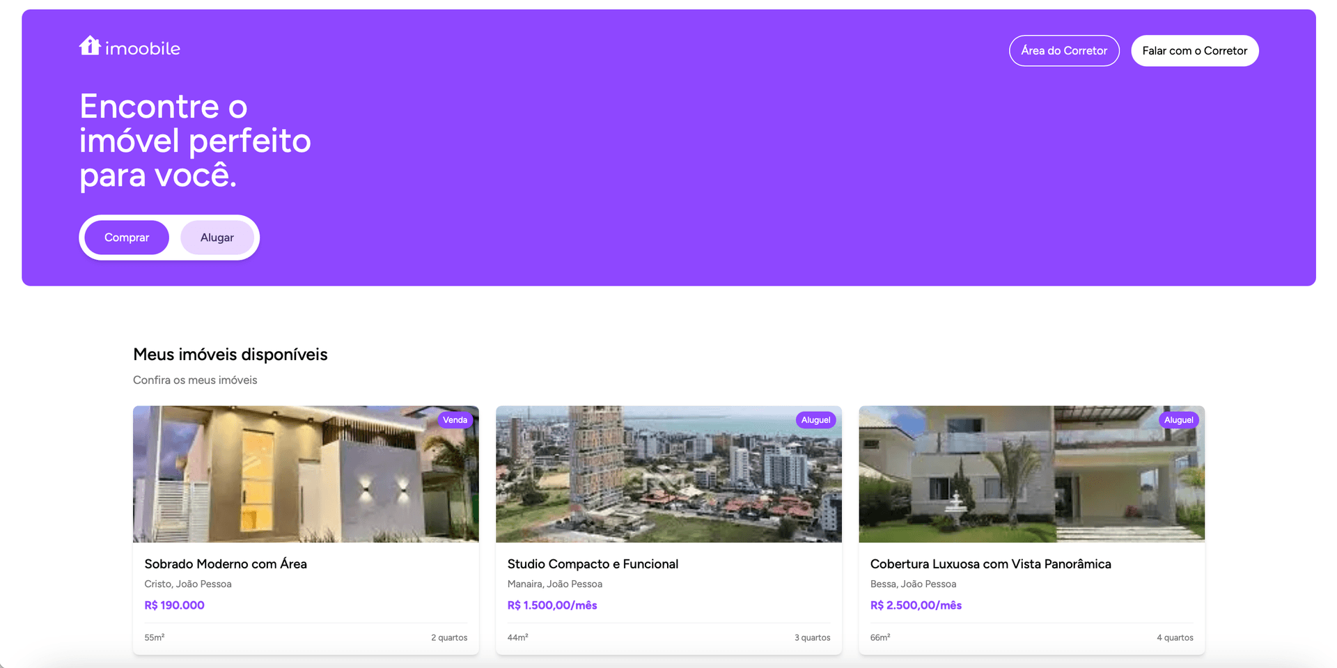 Dashboard Imoobile - Interface completa para gestão imobiliária